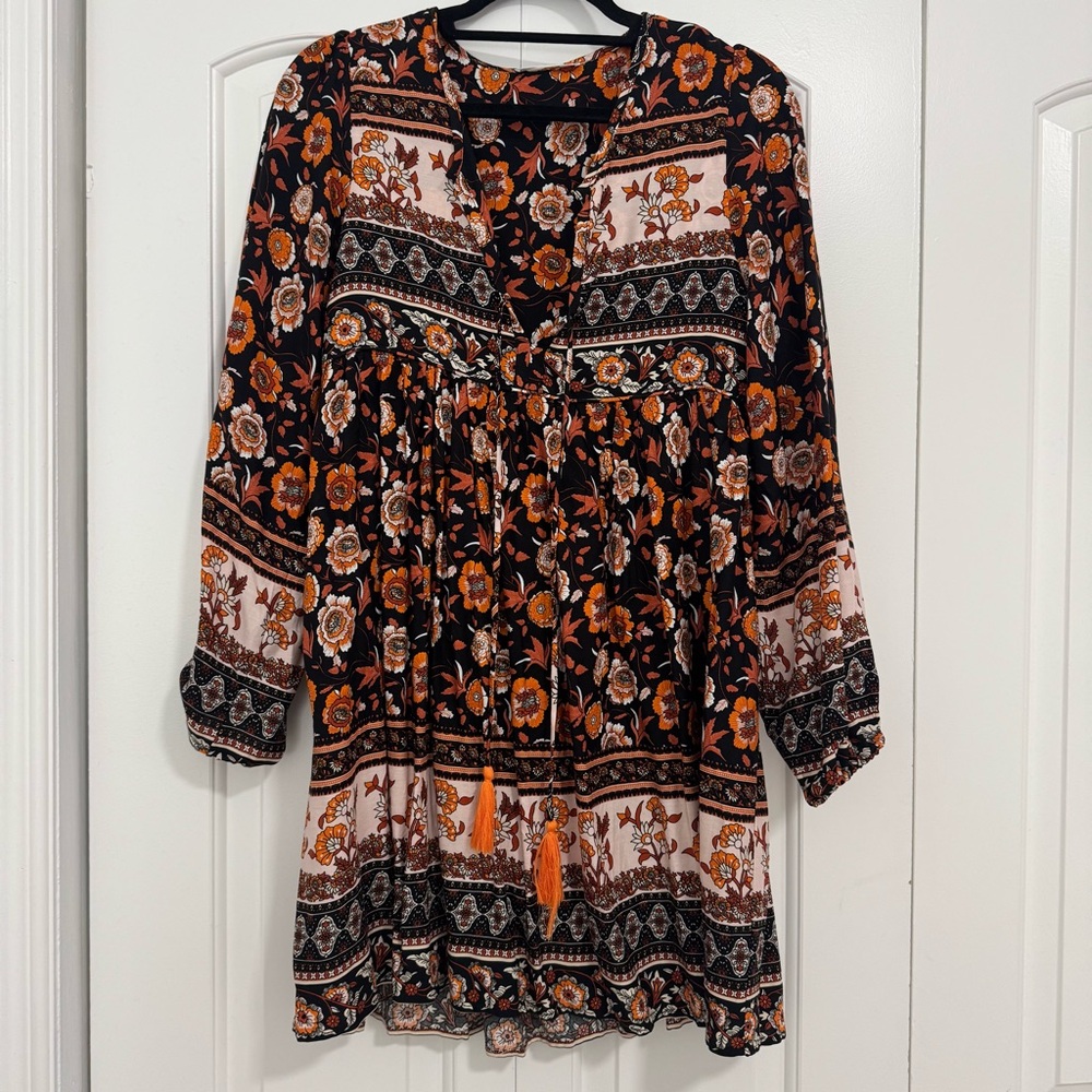 Floral Bohemian Dress - Black and Orange